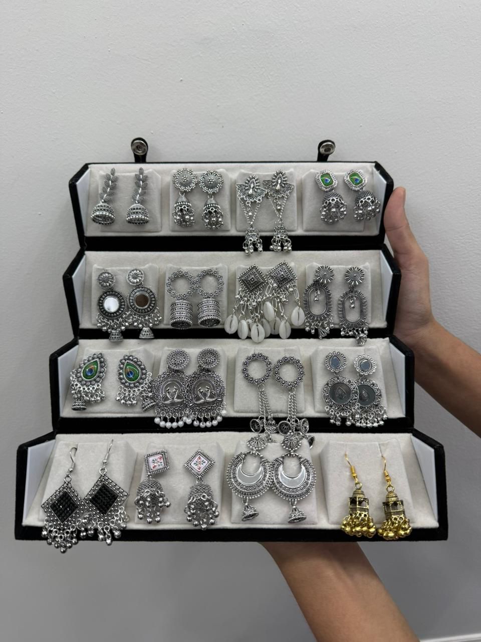 16 Premium Silver Jhumka Set – 3-Layer