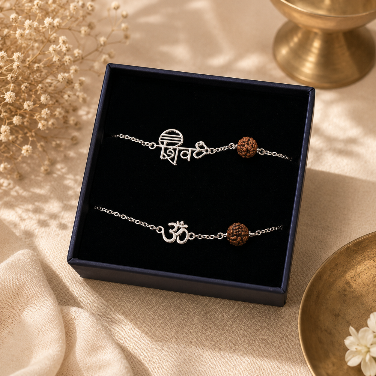 Shivom Natural Rudraksha Bracelet Set | Silver Plated