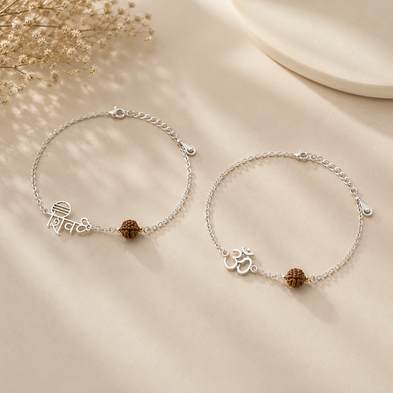 Shivom Natural Rudraksha Bracelet Set | Silver Plated