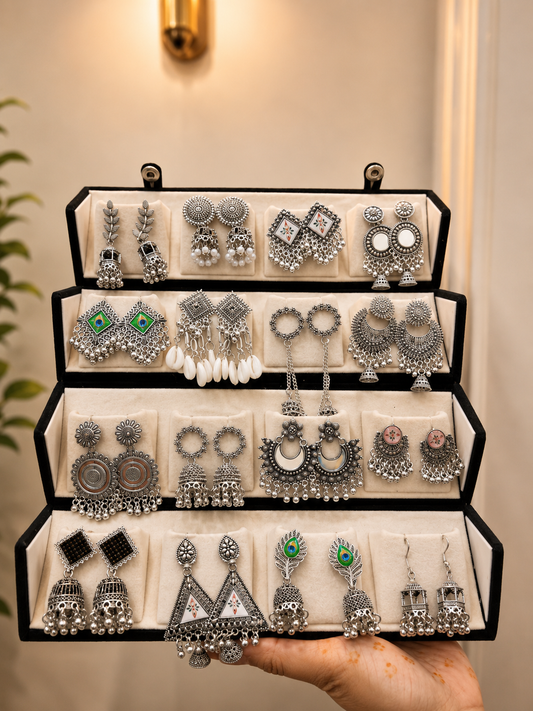 16 Premium Silver Jhumka Set – 3-Layer