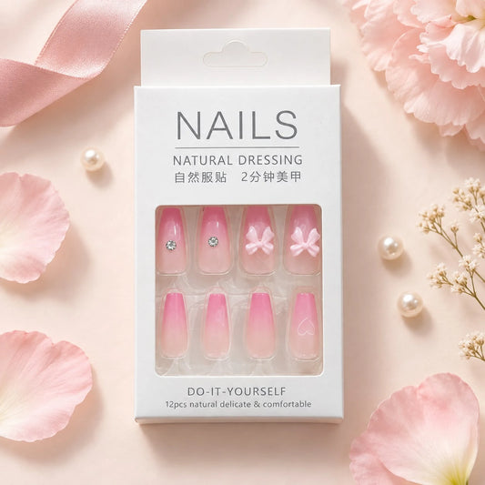 🌸 Pink Ombre Bow Nail Set