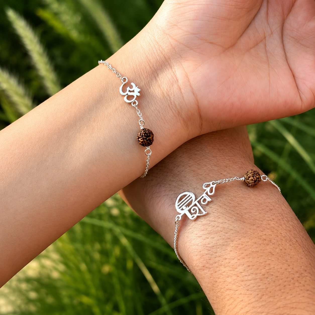 Shivom Natural Rudraksha Bracelet Set | Silver Plated